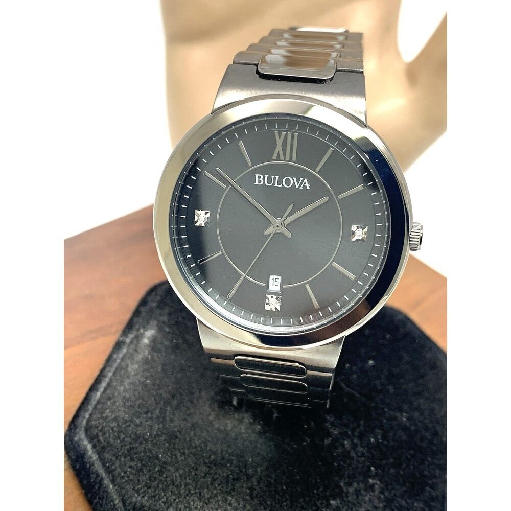 Bulova Mens Watch 98D162 Quartz Gunmetal Black Diamond Dial Stainless Steel 41mm